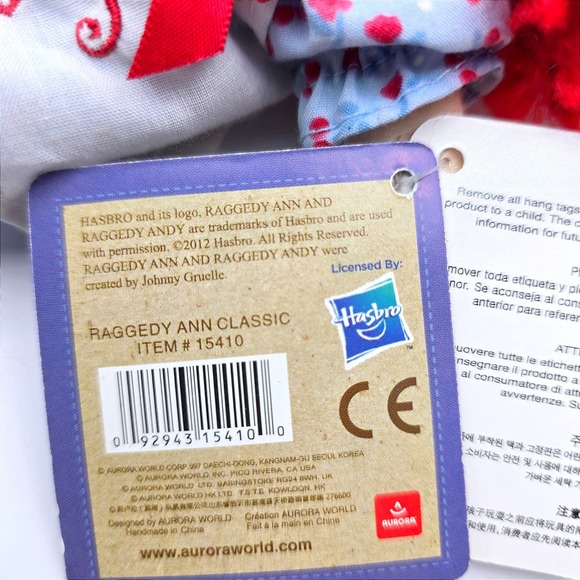 2012 Aurora Raggedy Ann & Andy Dolls Pair 9" Classic Plush Hasbro Ann Has Tag - Picture 9 of 14